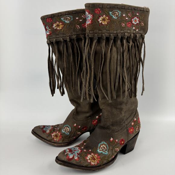 Old Gringo Women’s 7 Cowboy Boots Multi Floral Embroidered Fringe Brown Leather - Picture 9 of 11